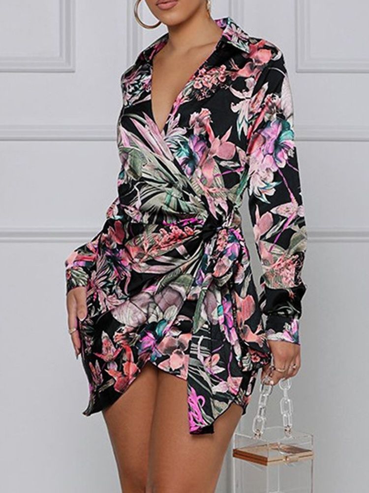 Lapel Långärmad Blommig Asymmetrisk Klänning