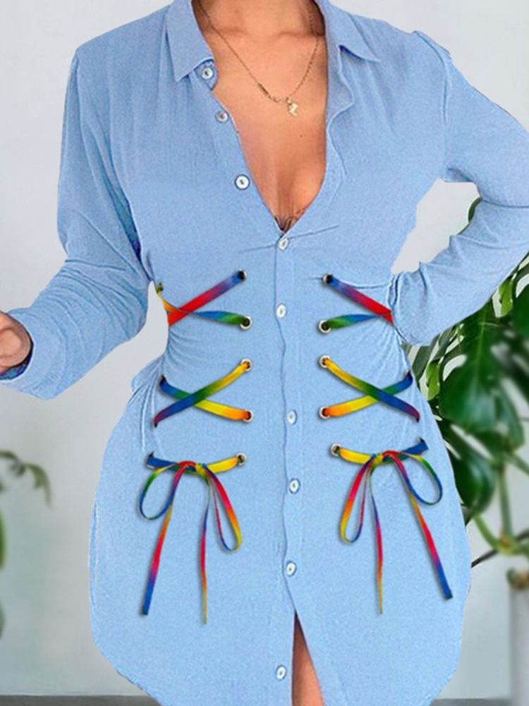 Lapel Long Sleeve Above Knee Sommar Color Block Klänning