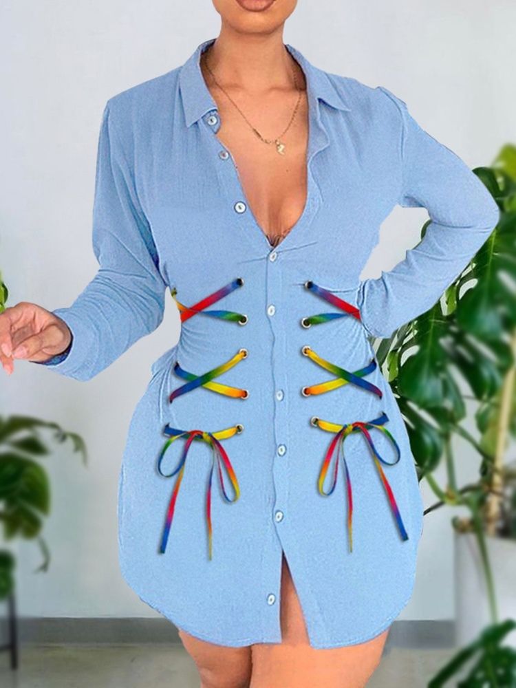 Lapel Long Sleeve Above Knee Sommar Color Block Klänning