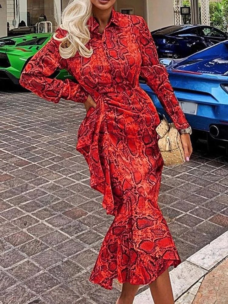 Lapel Long Sleeve Print Mermaid Fashion Bodycon Klänning