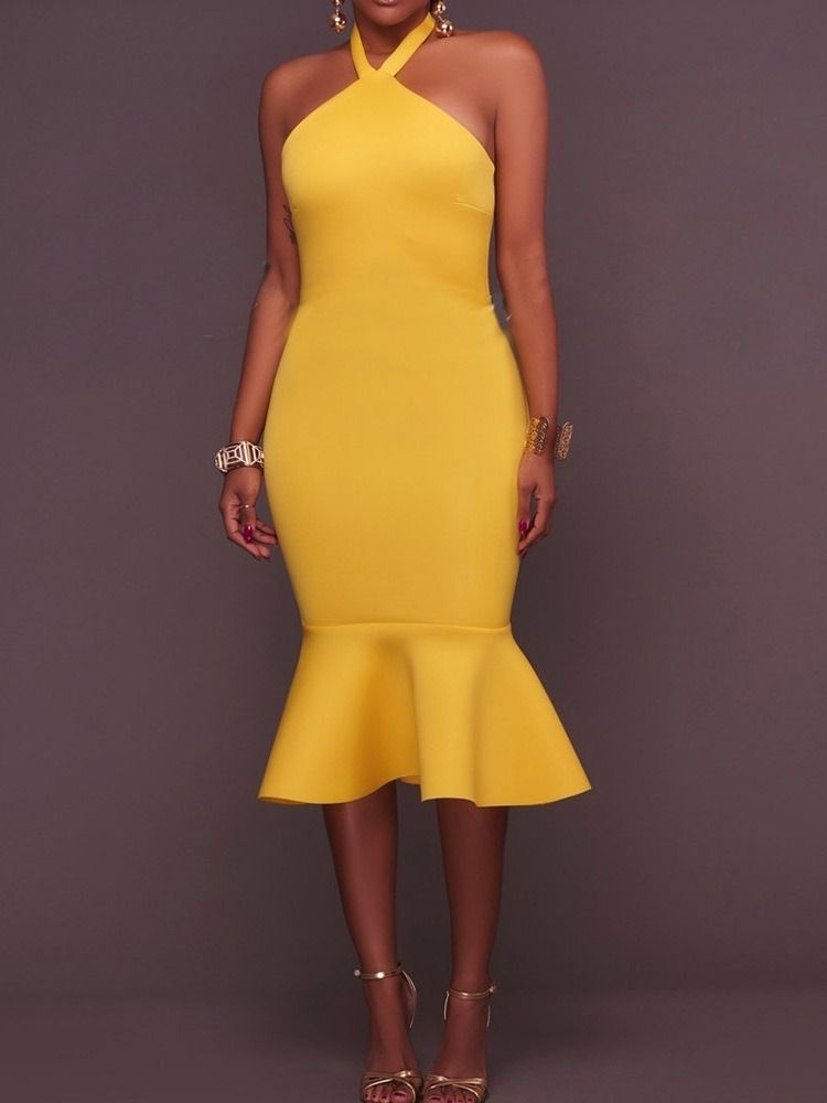 Liten Svart Klänning Ärmlös Rygglös Mid-Kalf Tröja Mermaid Bodycon Klänning