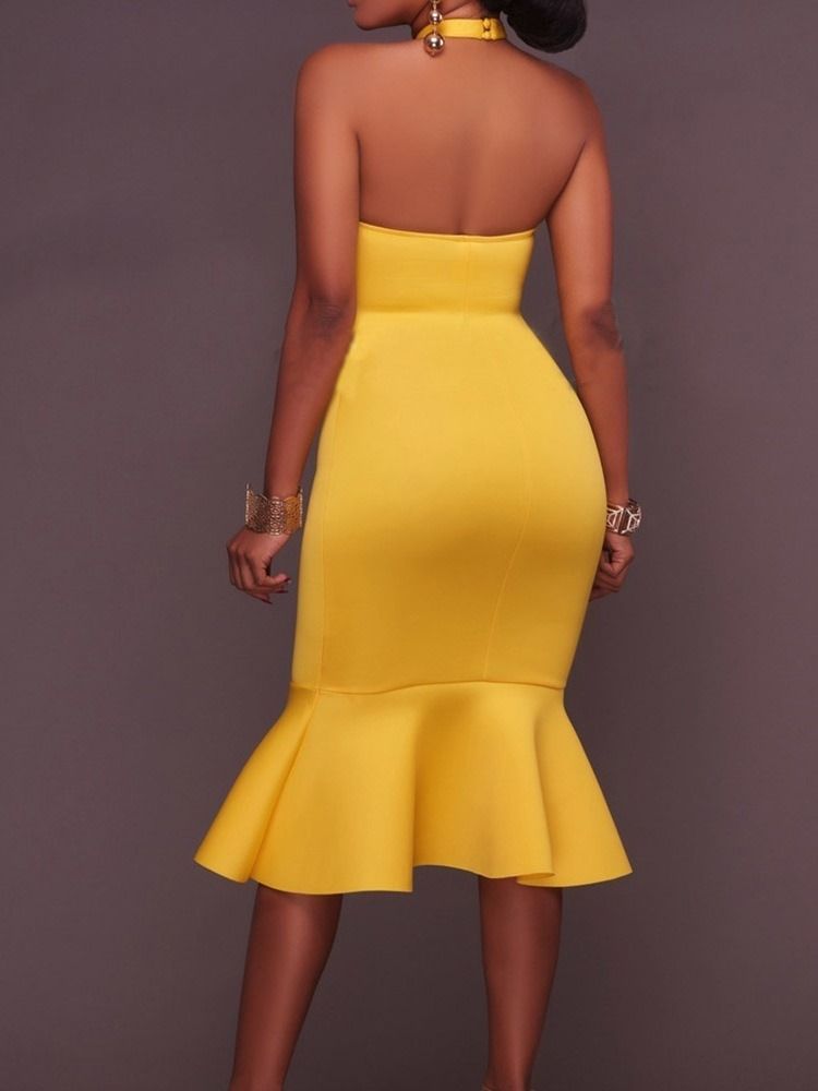 Liten Svart Klänning Ärmlös Rygglös Mid-Kalf Tröja Mermaid Bodycon Klänning