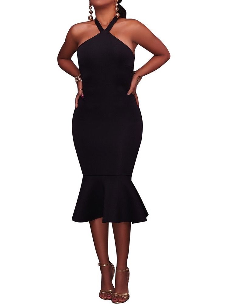 Liten Svart Klänning Ärmlös Rygglös Mid-Kalf Tröja Mermaid Bodycon Klänning