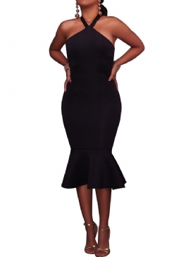 Liten Svart Klänning Ärmlös Rygglös Mid-Kalf Tröja Mermaid Bodycon Klänning