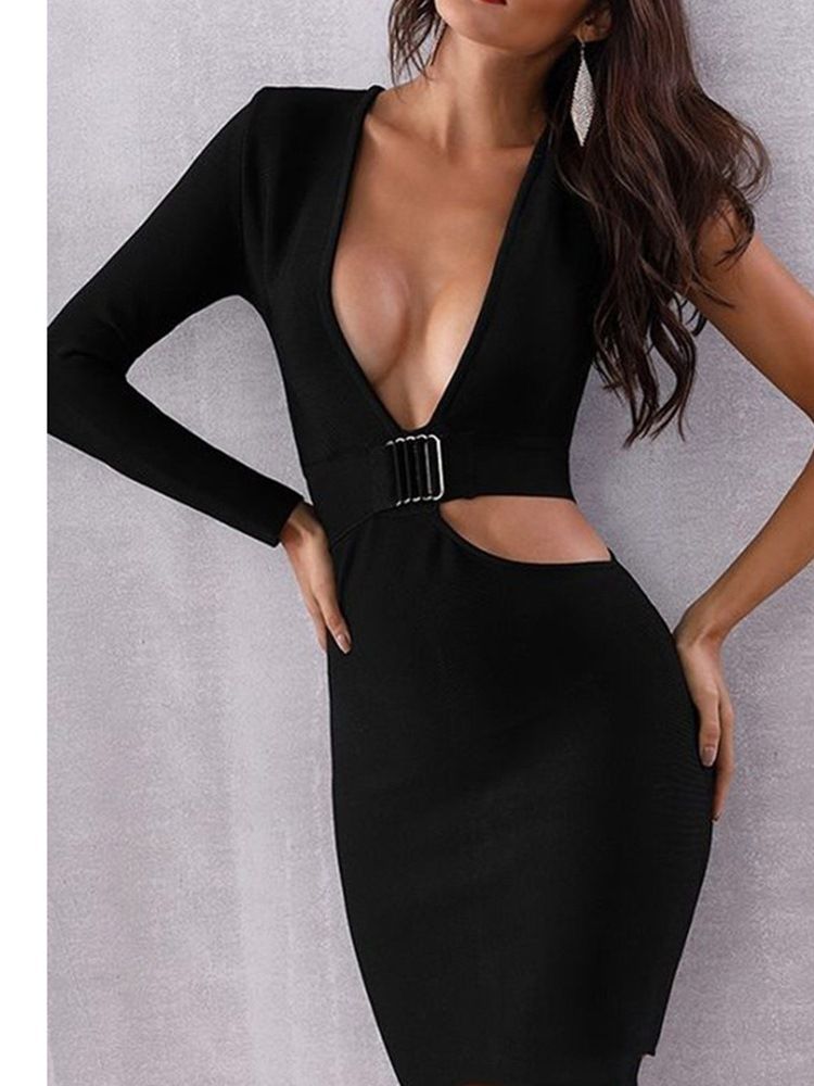 Liten Svart Klänning Långärmad Ihålig V-Ringad Bodycon Sexig Klänning