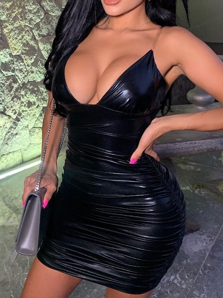 Liten Svart Klänning Plisserad Ärmlös V-Ringad Plain Bodycon-Klänning