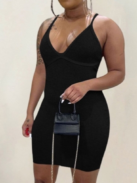Liten Svart Klänning V-Ringad Ärmlös Ovanför Knä Pullover Enkel Bodycon Klänning