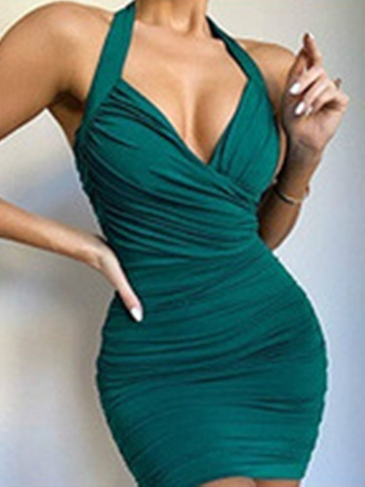 Liten Svart Klänning Veckad Ärmlös Över Knäet Bodycon Sexig Klänning