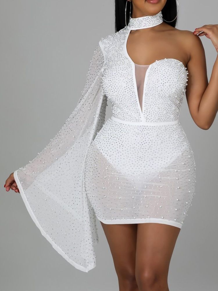 Long Sleeve Above Knee Bead Bodycon Pullover Klänning
