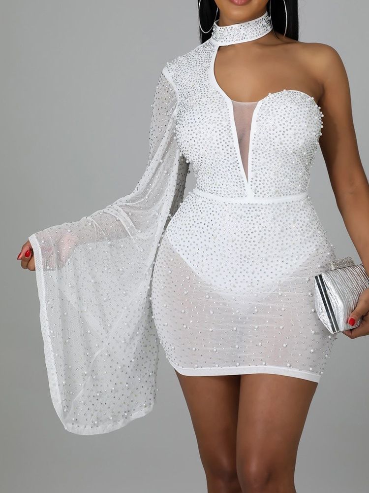 Long Sleeve Above Knee Bead Bodycon Pullover Klänning