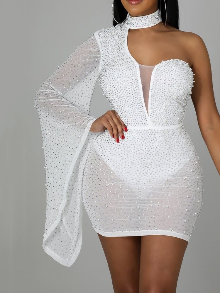 Long Sleeve Above Knee Bead Bodycon Pullover Klänning