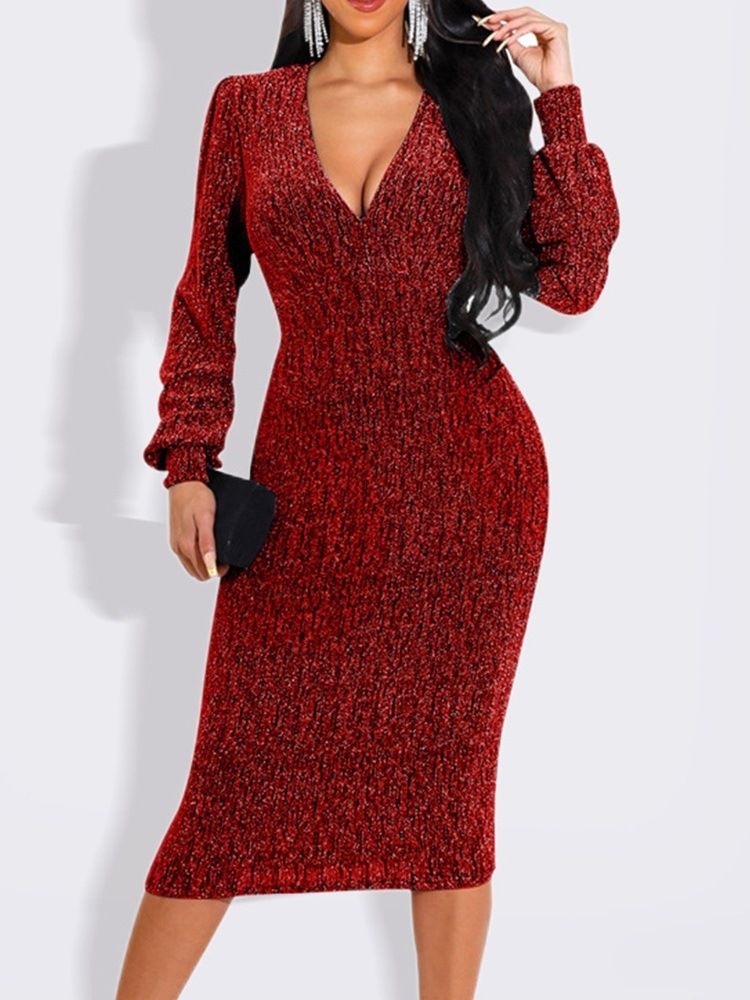 Lurex V-Ringad Mid-Calf Bodycon Höstklänning