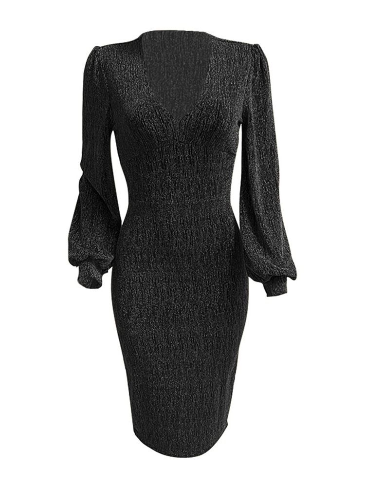 Lurex V-Ringad Mid-Calf Bodycon Höstklänning