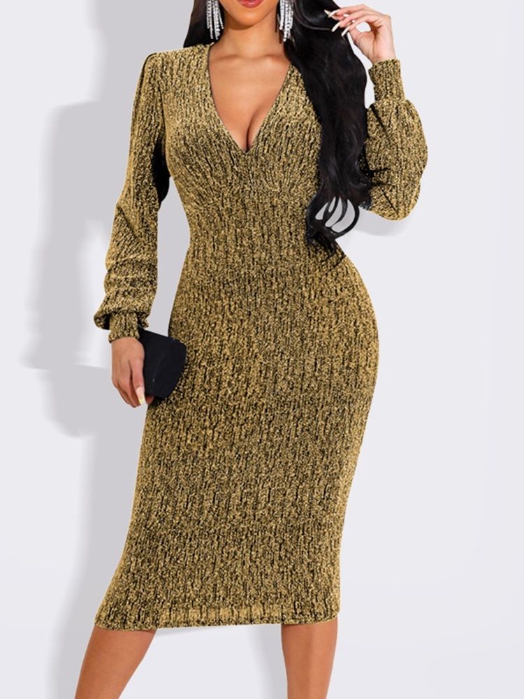 Lurex V-Ringad Mid-Calf Bodycon Höstklänning