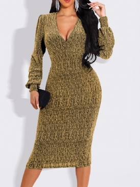 Lurex V-Ringad Mid-Calf Bodycon Höstklänning