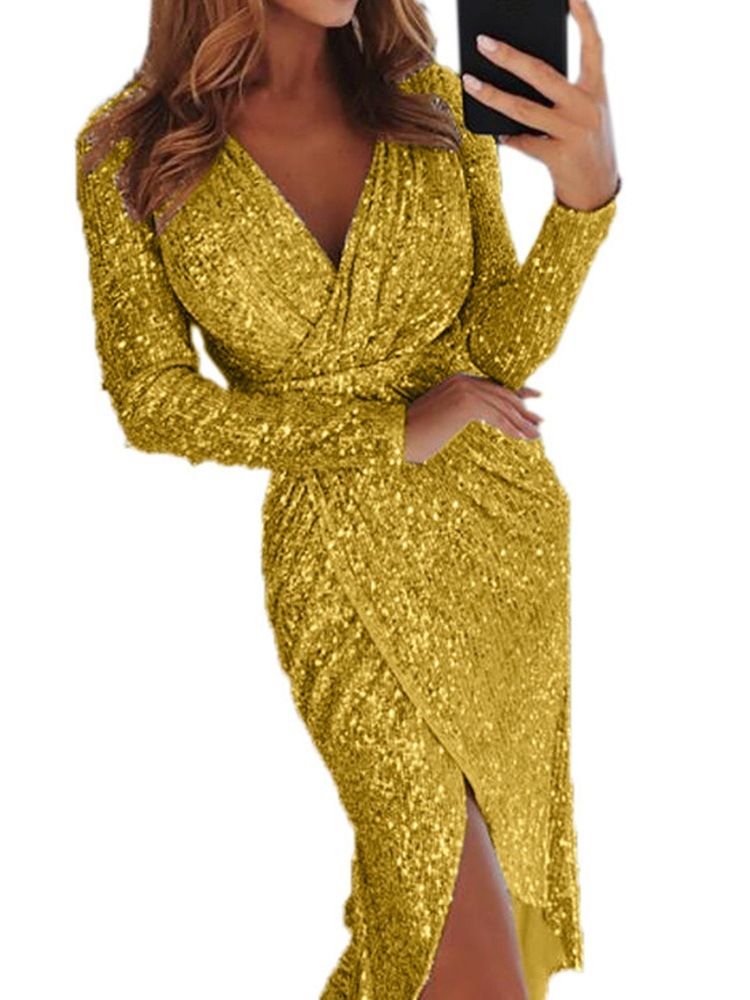 Lurex V-Ringad Mid-Calf Bodycon Modeklänning