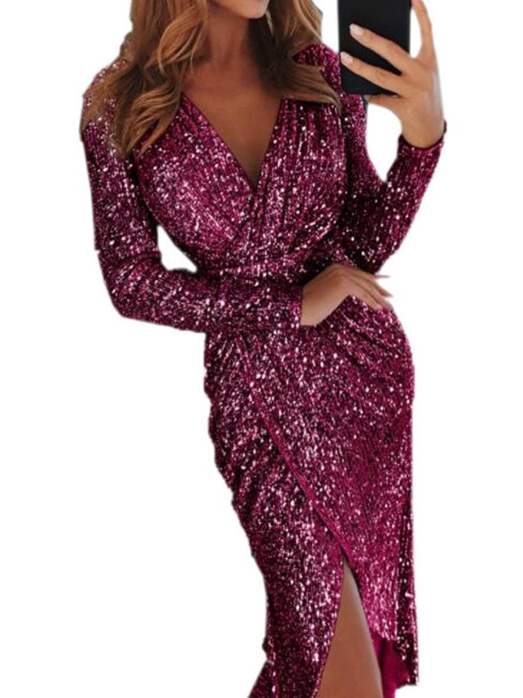 Lurex V-Ringad Mid-Calf Bodycon Modeklänning