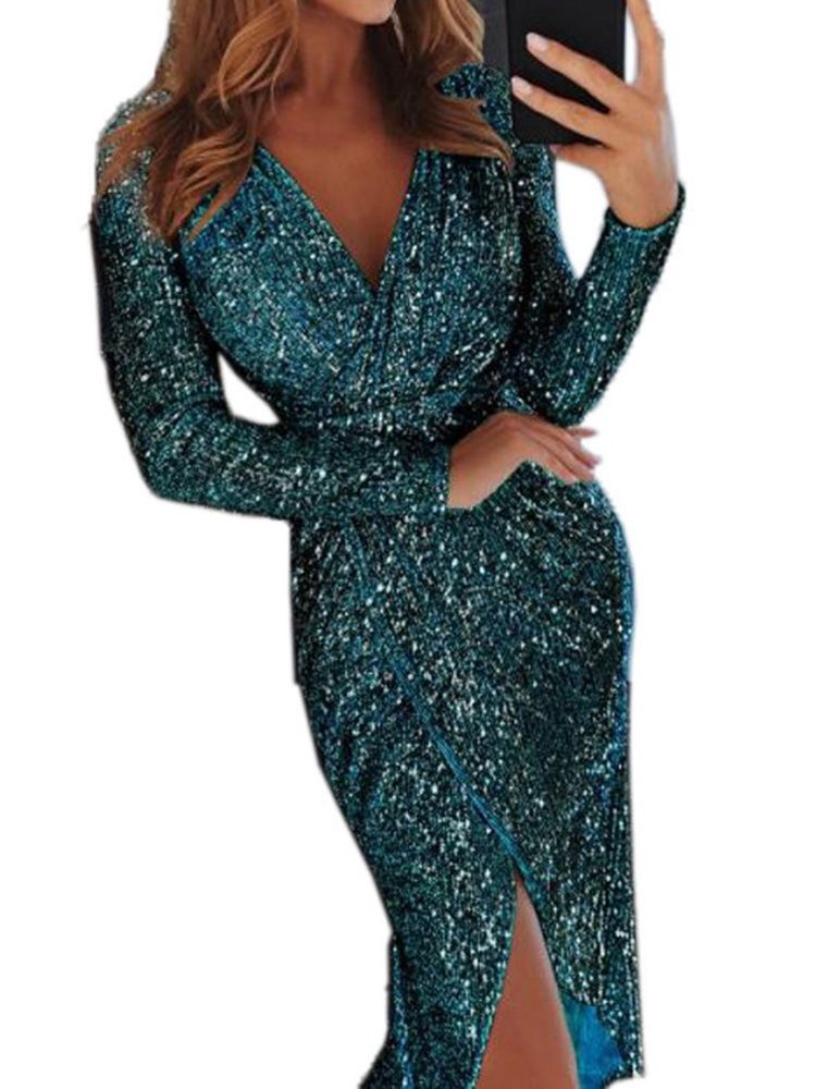 Lurex V-Ringad Mid-Calf Bodycon Modeklänning