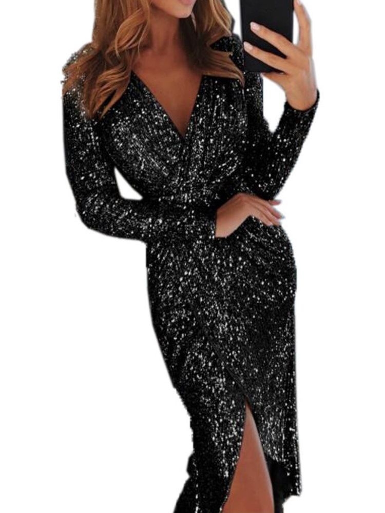 Lurex V-Ringad Mid-Calf Bodycon Modeklänning