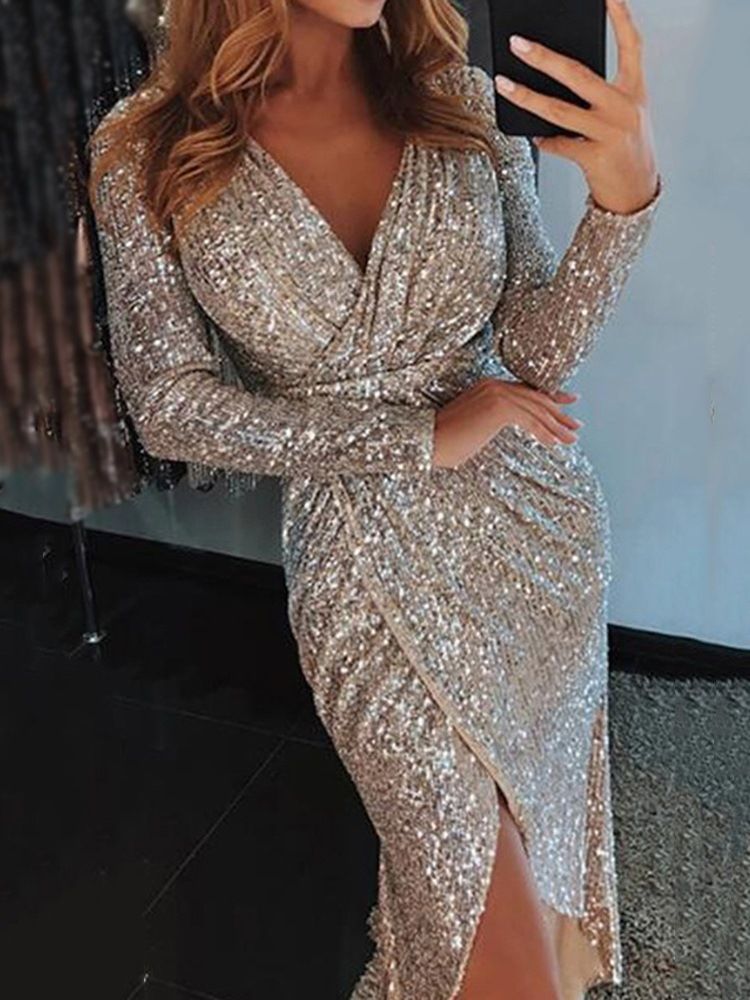 Lurex V-Ringad Mid-Calf Bodycon Modeklänning