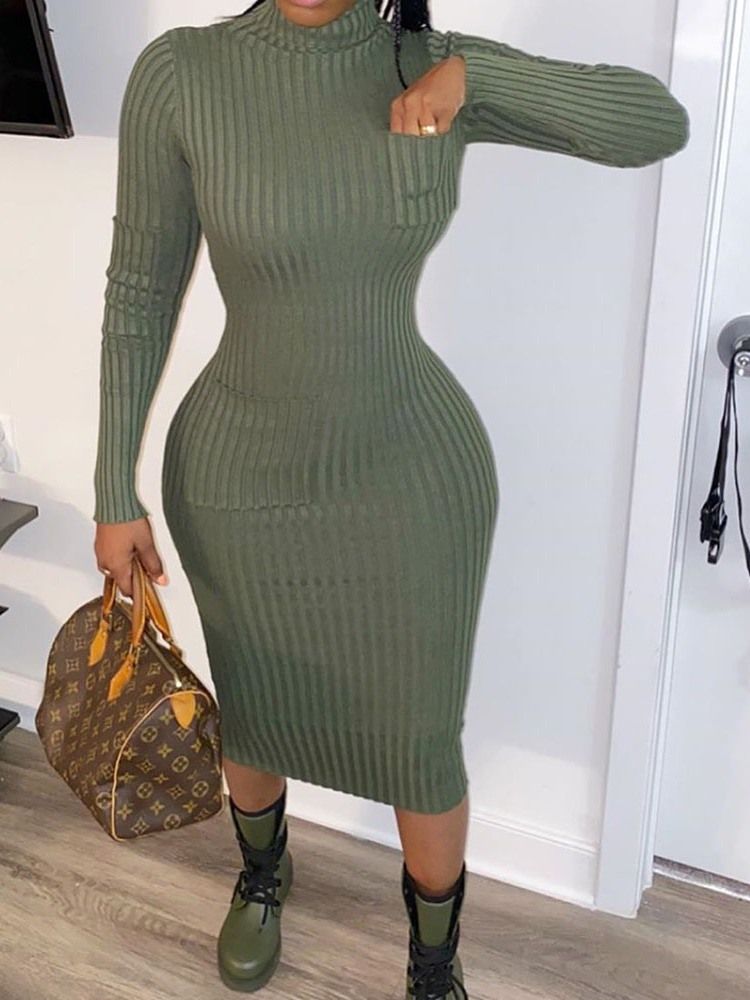 Medelkalv Långärmad Turtleneck Vanlig Vinterklänning