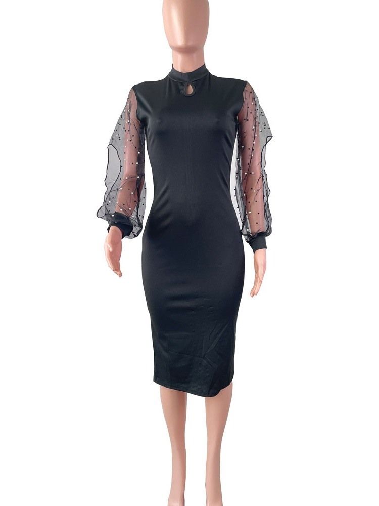 Mid-Calf Bead Långärmad Vanlig Vanlig Bodycon Klänning