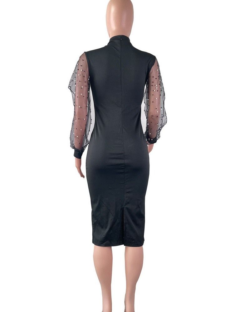 Mid-Calf Bead Långärmad Vanlig Vanlig Bodycon Klänning