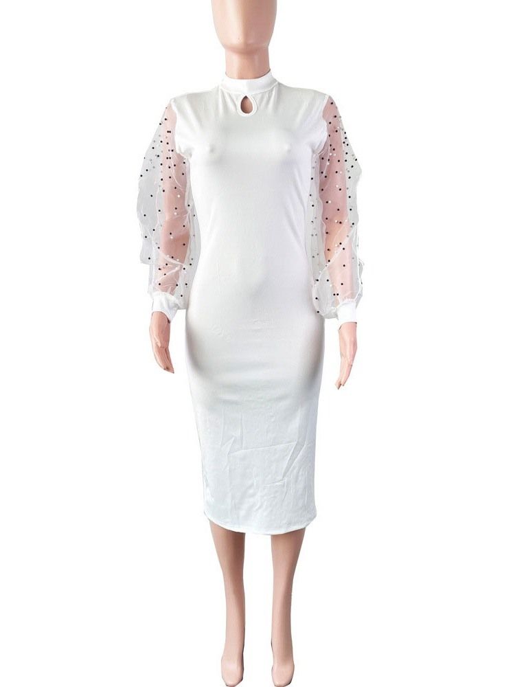 Mid-Calf Bead Långärmad Vanlig Vanlig Bodycon Klänning