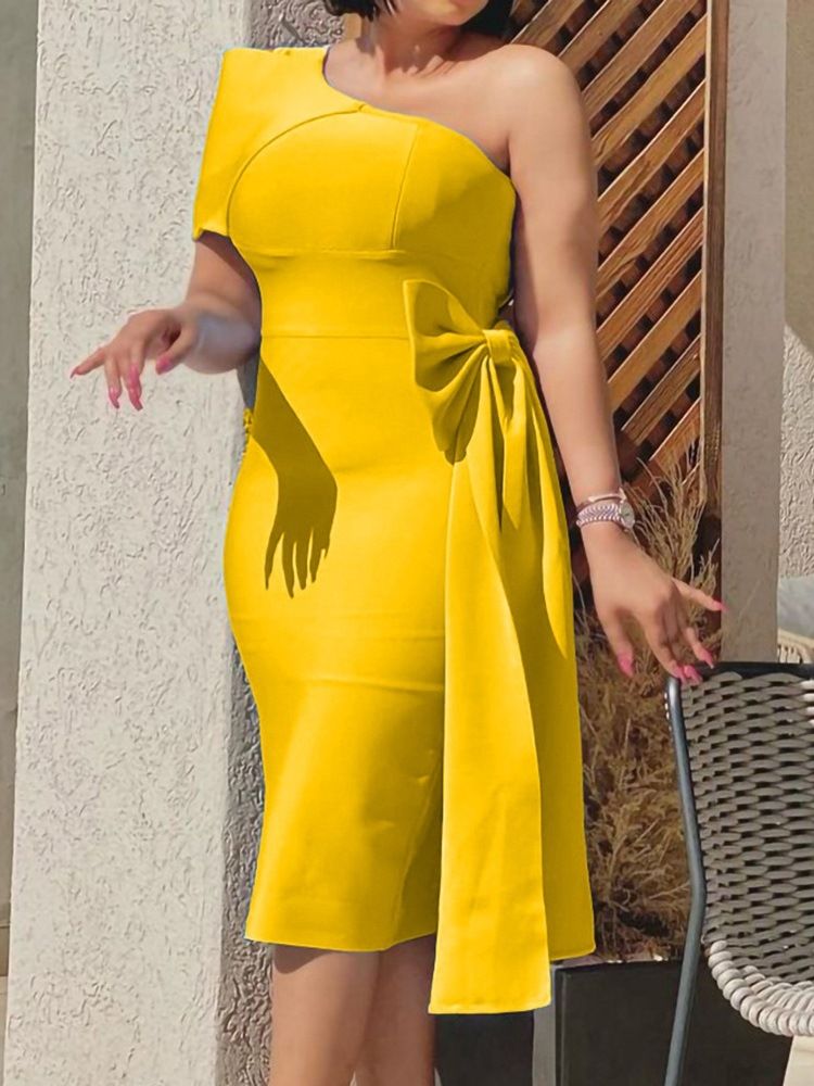 Mid-Calf Bowknot Kortärmad Bow-Knot Bodycon Klänning