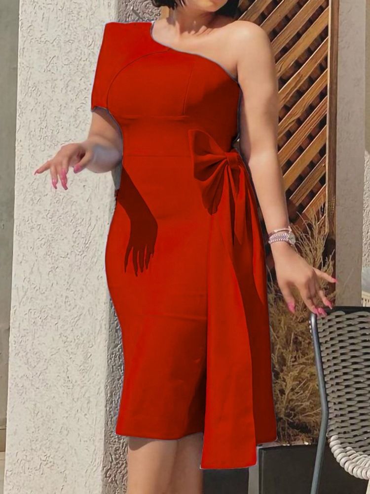 Mid-Calf Bowknot Kortärmad Bow-Knot Bodycon Klänning