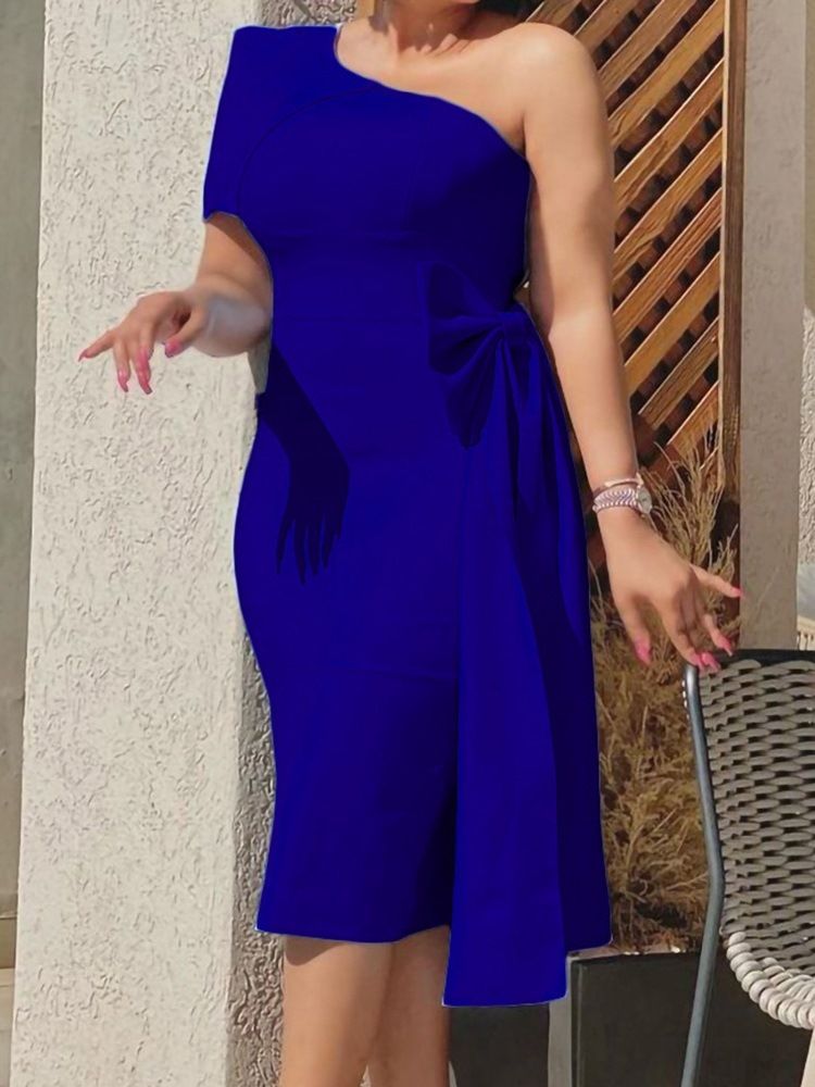 Mid-Calf Bowknot Kortärmad Bow-Knot Bodycon Klänning