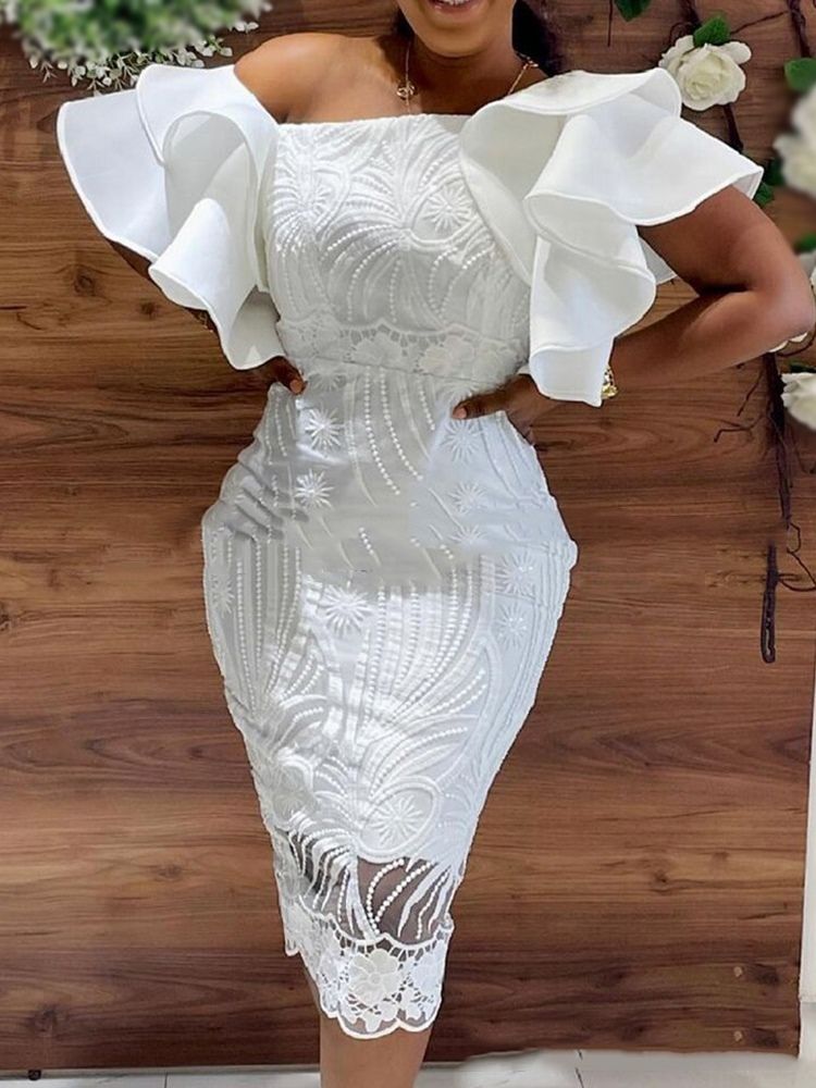 Mid-Calf Falbala Kortärmad Bodycon Vanlig Klänning