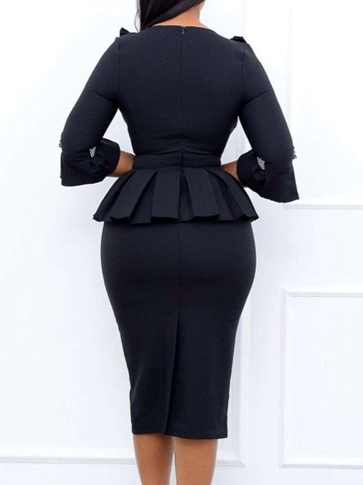Mid-Calf Falbala Trekvartsärm Bodycon Höstklänning