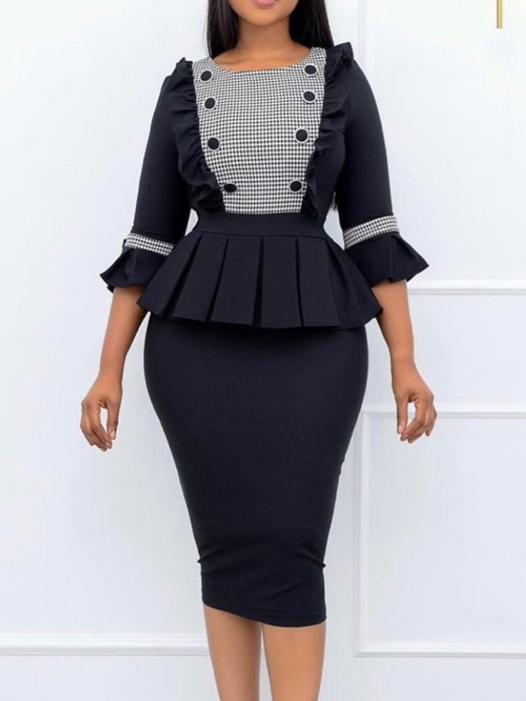 Mid-Calf Falbala Trekvartsärm Bodycon Höstklänning