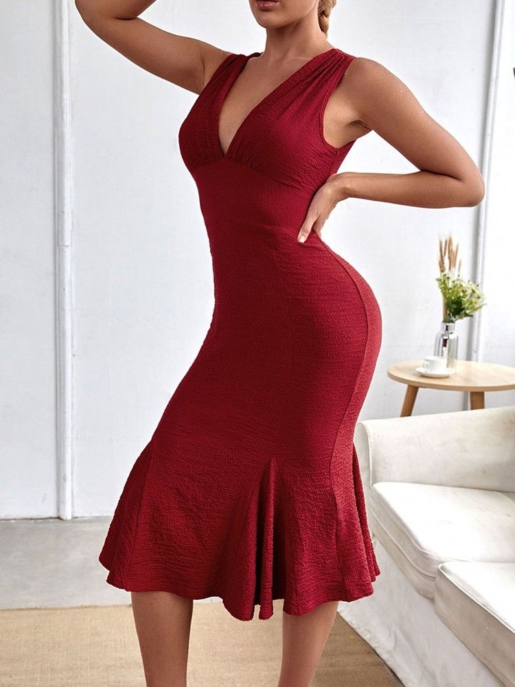 Mid-Calf Falbala V-Hals Mode Vanlig Bodycon Klänning