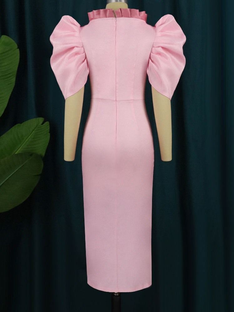 Mid-Calf Half Sleeve Split Office Lady Puff Sleeve Bodycon Klänning