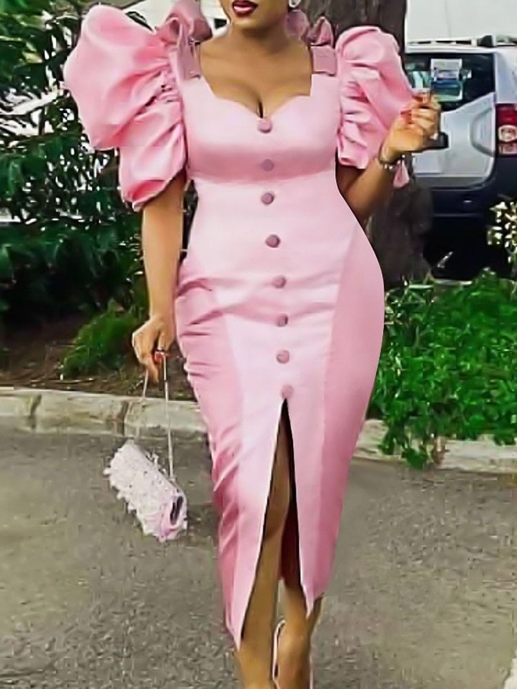 Mid-Calf Half Sleeve Split Office Lady Puff Sleeve Bodycon Klänning