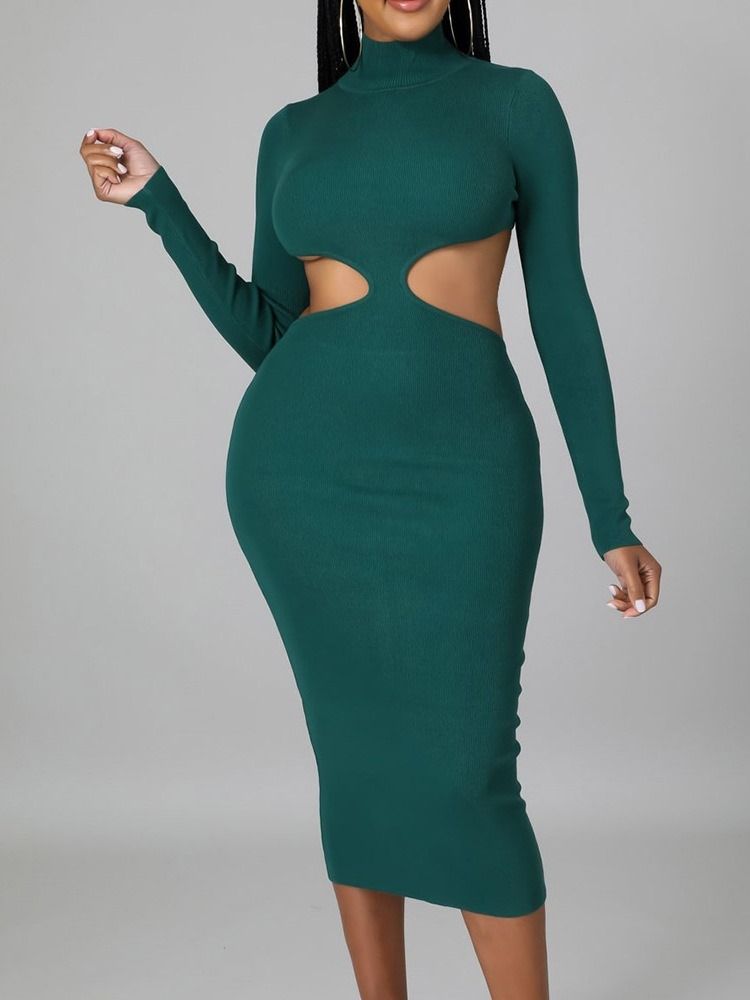 Mid-Calf Hollow Turtleneck Regular Plain Klänning