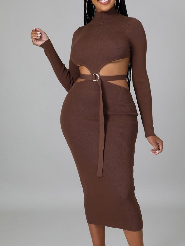 Mid-Calf Hollow Turtleneck Regular Plain Klänning