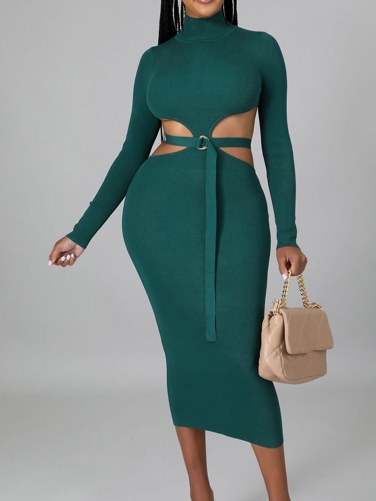 Mid-Calf Hollow Turtleneck Regular Plain Klänning