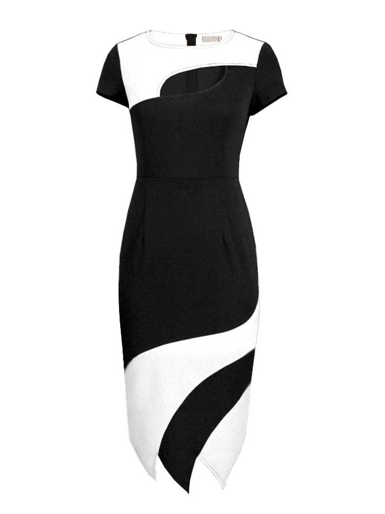 Mid-Calf Kortärmad Patchwork Normal High Waist Bodycon Klänning