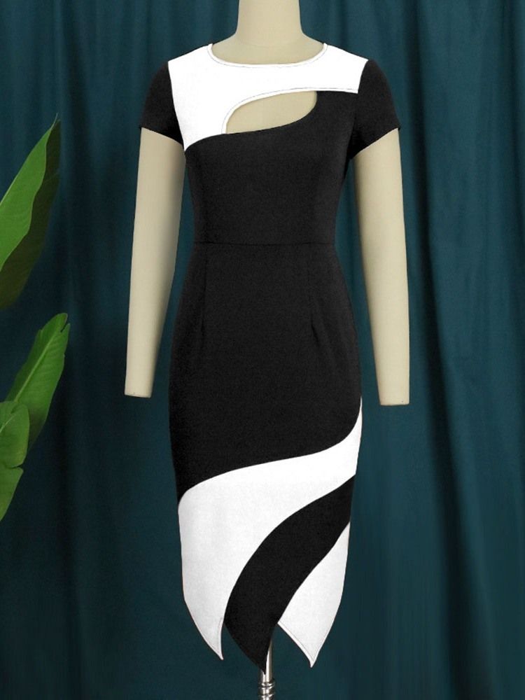 Mid-Calf Kortärmad Patchwork Normal High Waist Bodycon Klänning