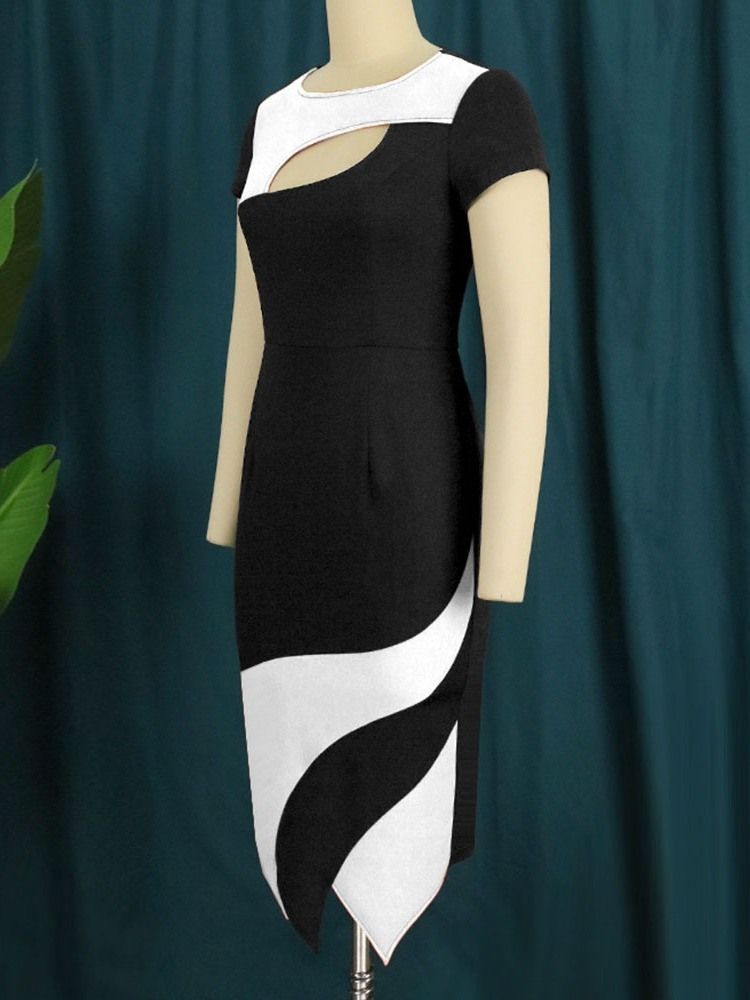 Mid-Calf Kortärmad Patchwork Normal High Waist Bodycon Klänning