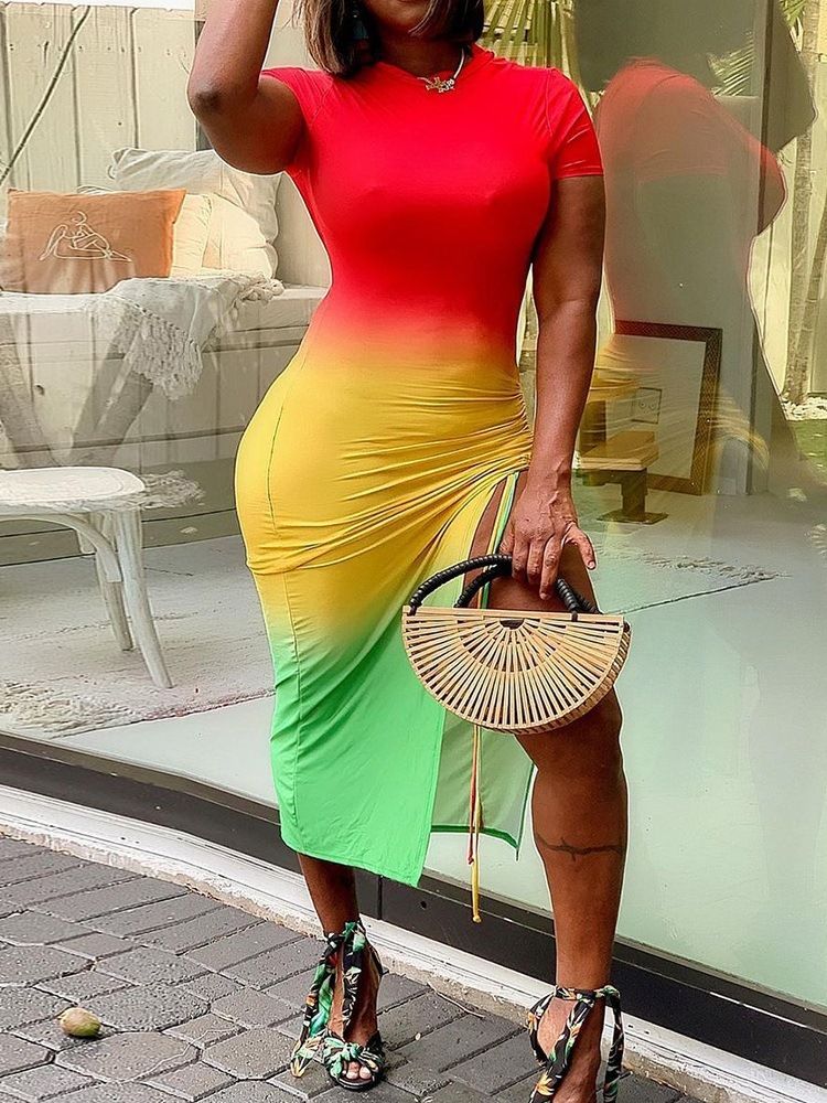 Mid-Calf Kortärmad Split Bodycon Sexig Klänning