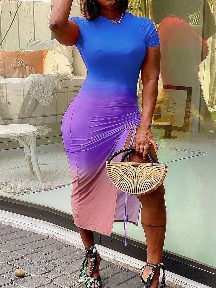 Mid-Calf Kortärmad Split Bodycon Sexig Klänning