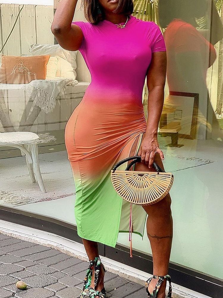 Mid-Calf Kortärmad Split Bodycon Sexig Klänning