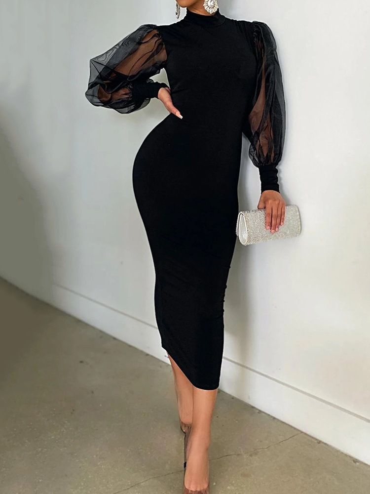 Mid-Calf Mesh Stand Collar Office Lady Puff Sleeve Klänning