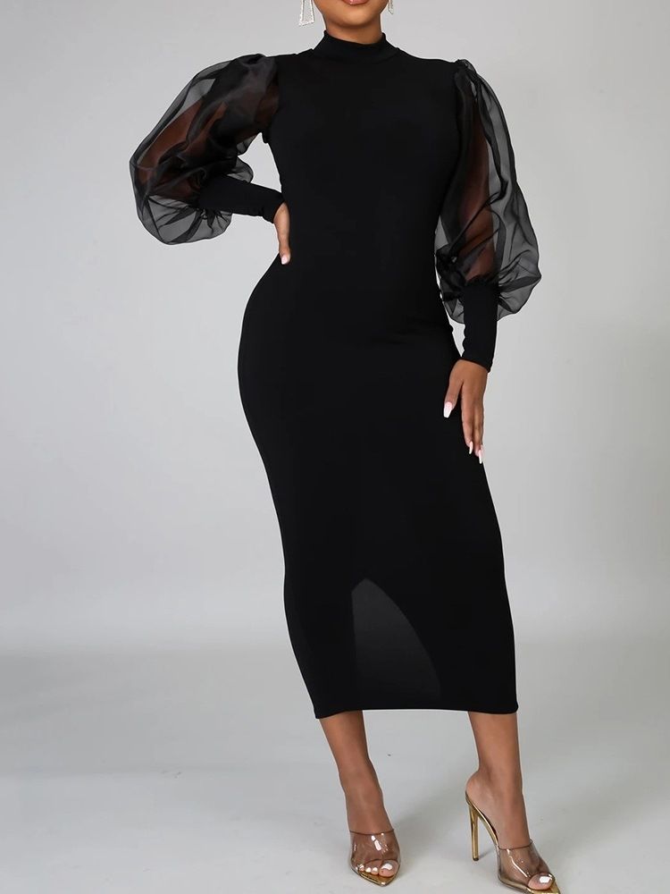 Mid-Calf Mesh Stand Collar Office Lady Puff Sleeve Klänning