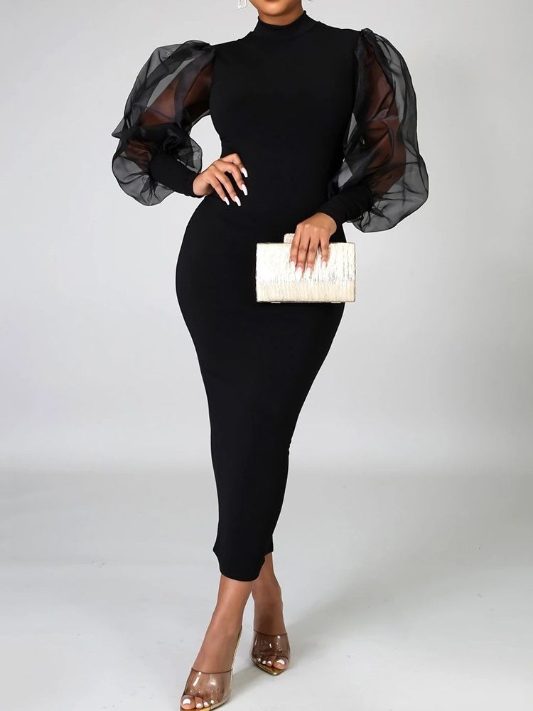 Mid-Calf Mesh Stand Collar Office Lady Puff Sleeve Klänning