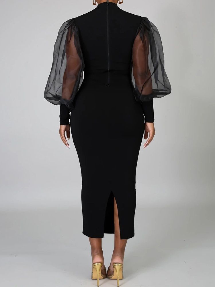 Mid-Calf Mesh Stand Collar Office Lady Puff Sleeve Klänning